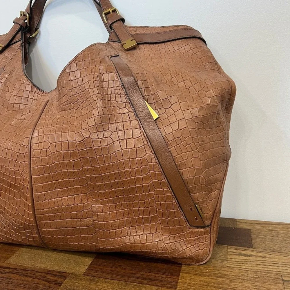 Tahari Crocodile Embossed Leather Hobo Bag Large Cognac Tote Gold Hardware Boho